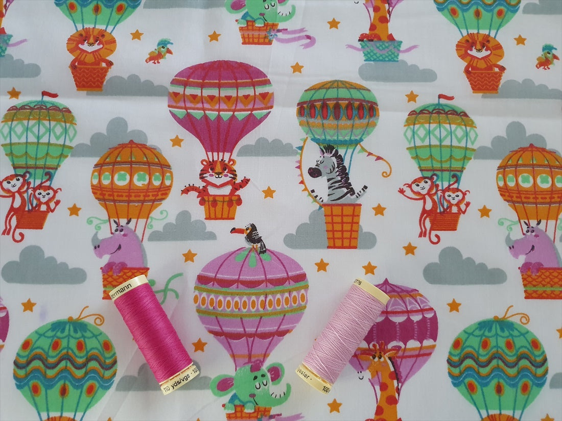 Cute Little Jungle Animals & Hot Air Baloons Multi Colors on a White Background Poly Cotton