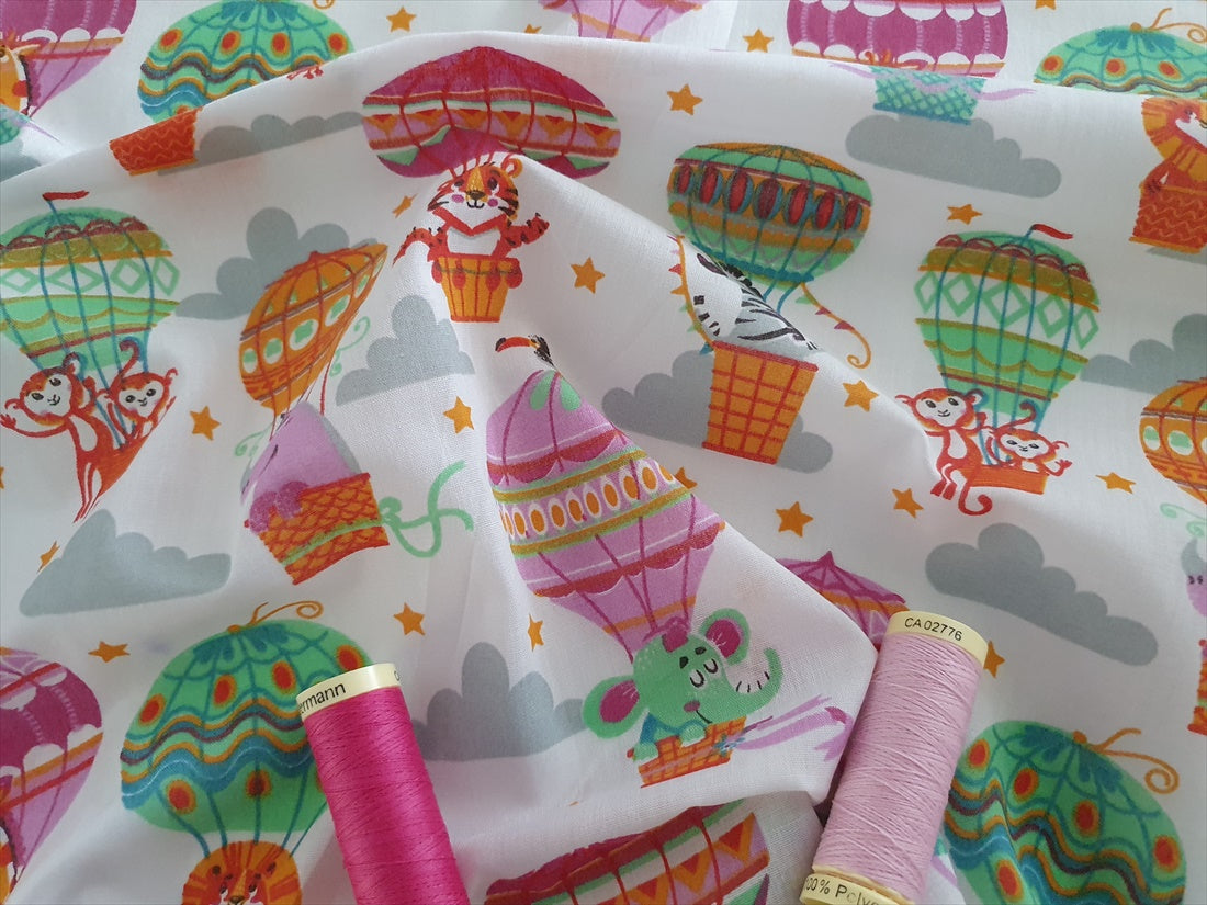 Cute Little Jungle Animals &amp; Hot Air Baloons Multi Colors on a White Background Poly Cotton