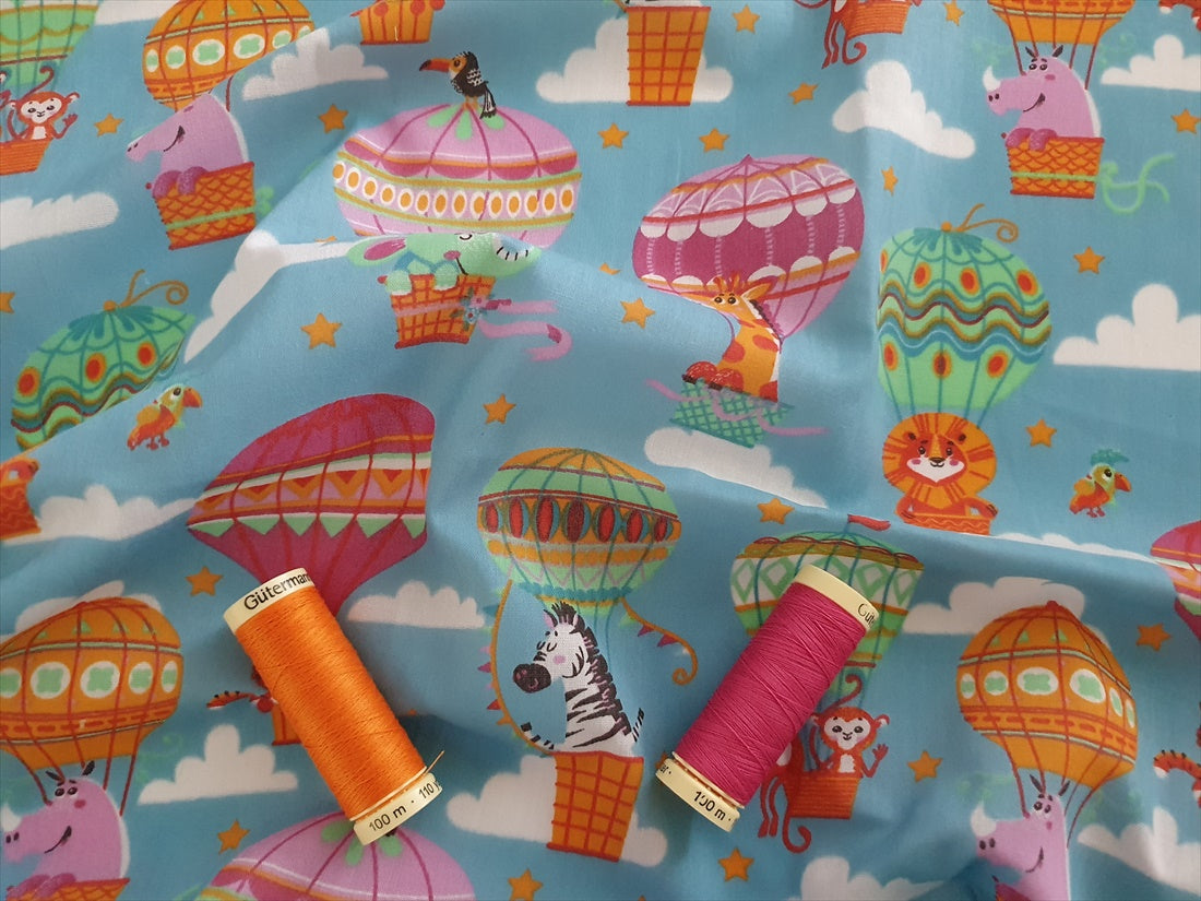 Cute Little Jungle Animals &amp; Hot Air Baloons Multi Colors on a Aqua Background  Poly Cotton