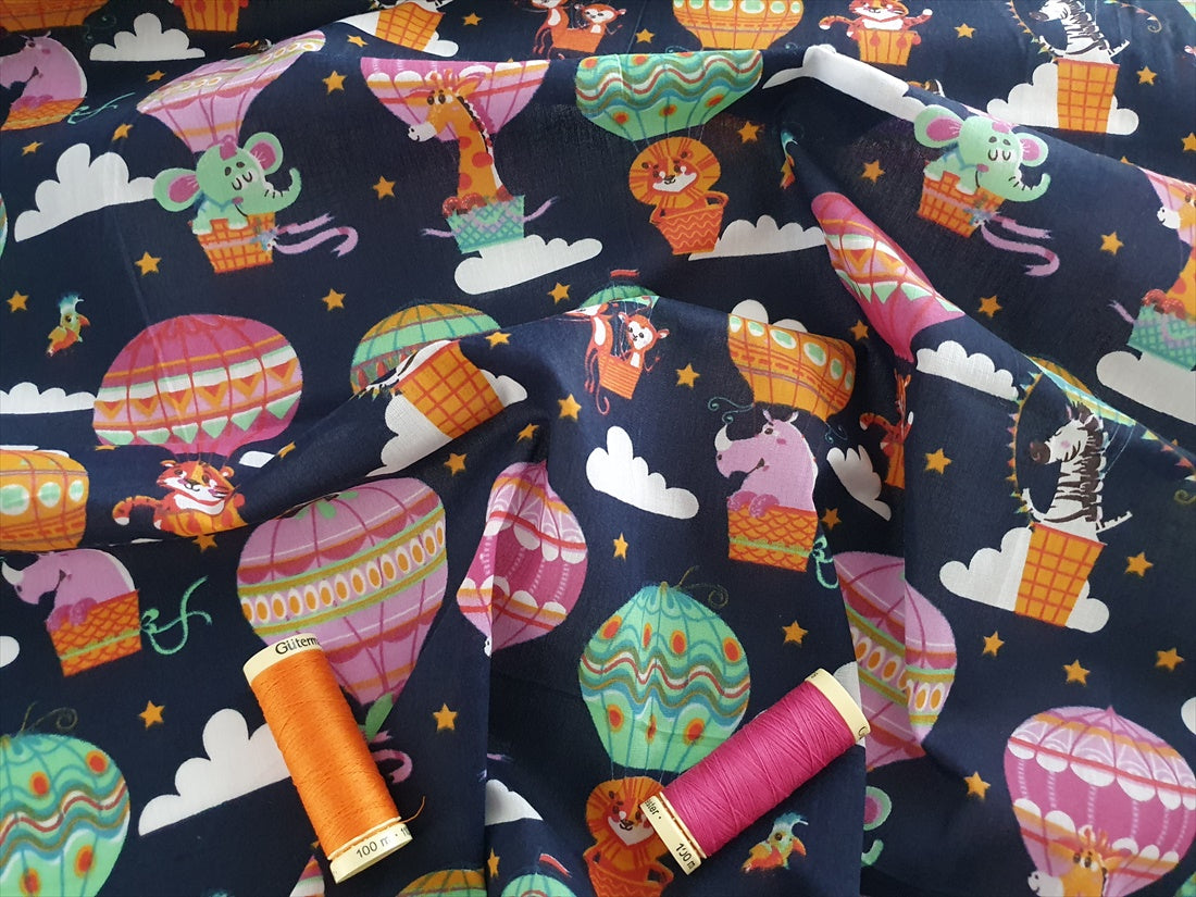 Cute Little Jungle Animals &amp; Hot Air Baloons Multi Colors on a Navy Background  Poly Cotton