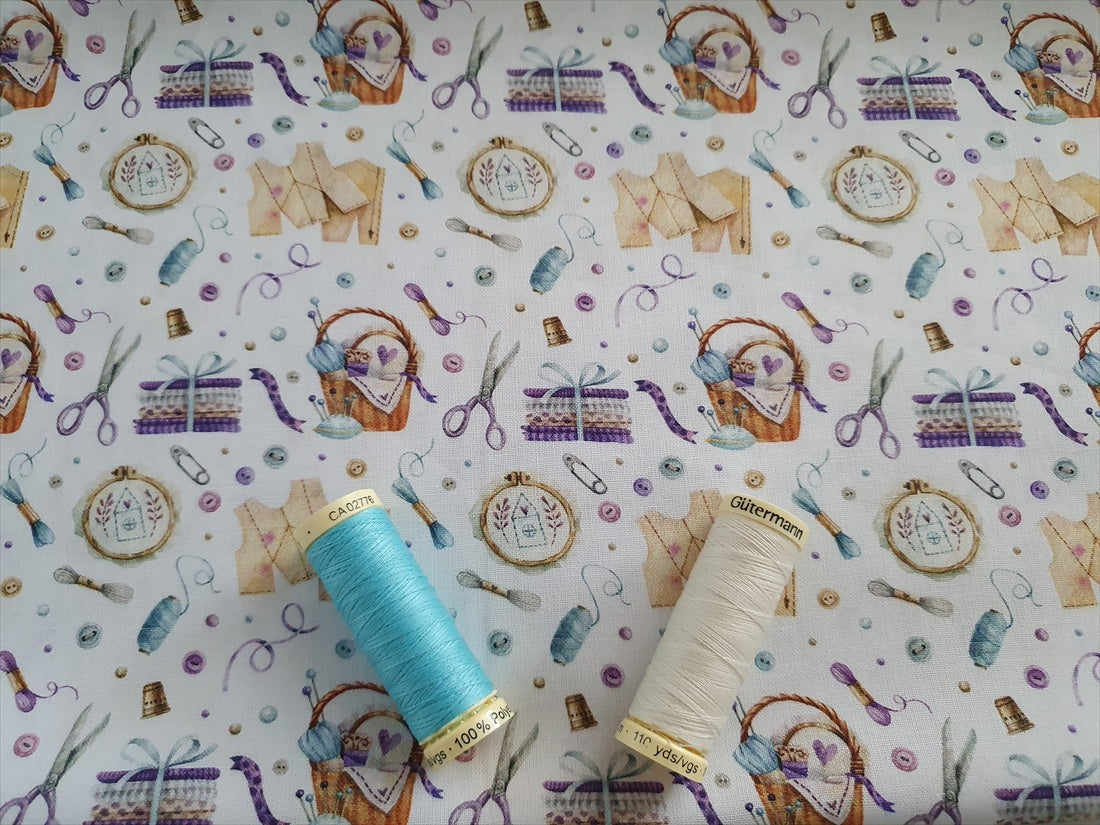 Sewing Pattern Basket & Haberbashery on a Ivory Background Digital Print 100% Cotton