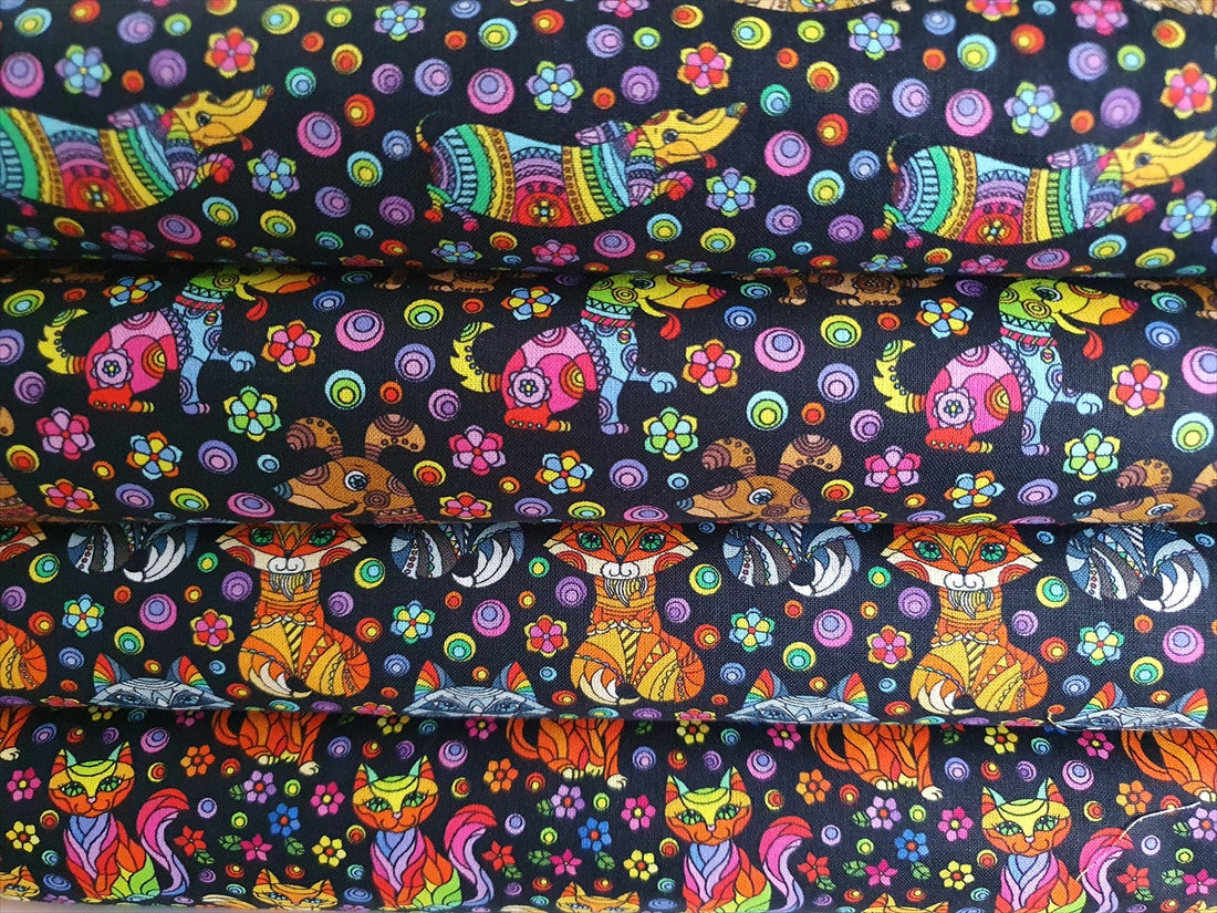 Mosaic Cute Little Dogs Bright Multi Color on a Black Background Digital Print 100% Cotton