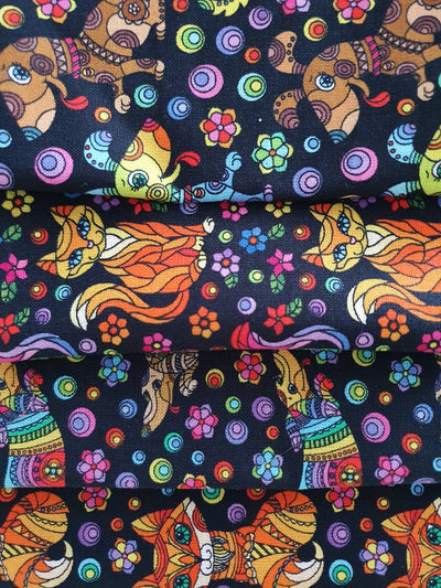 Mosaic Cats Dogs & Fox Designs Multi Color Mix Fat Quarter Bundle Digital Print 100% Cotton