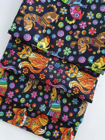 Mosaic Cats Dogs & Fox Designs Multi Color Mix Fat Quarter Bundle Digital Print 100% Cotton