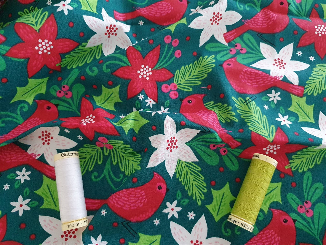 Christmas Holiday Wonder Partridges & Poinsettias on a Bottle Green Ba ...