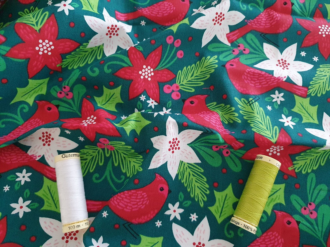 Christmas Holiday Wonder Partridges &amp; Poinsettias on a Bottle Green Background By 3 Wishes 100% Cotton
