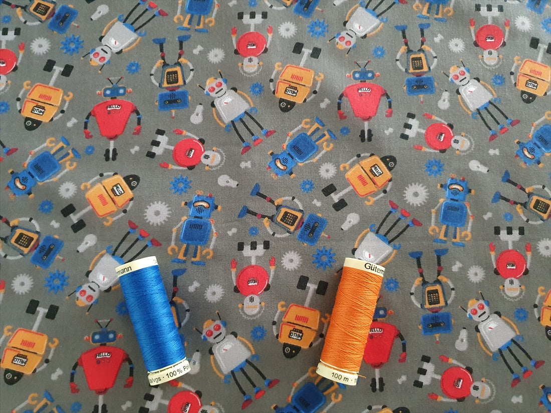 Cute Little Robots on a Mid Grey Background Poly Cotton