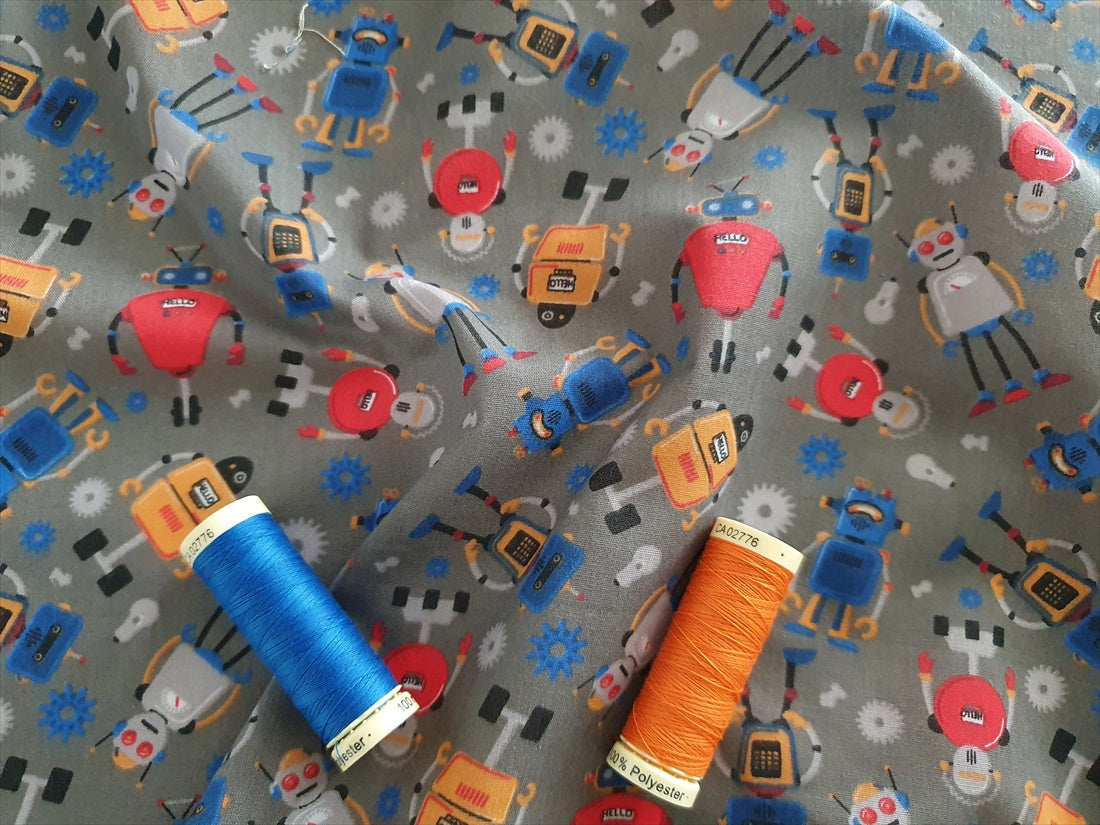 Cute Little Robots on a Mid Grey Background Poly Cotton