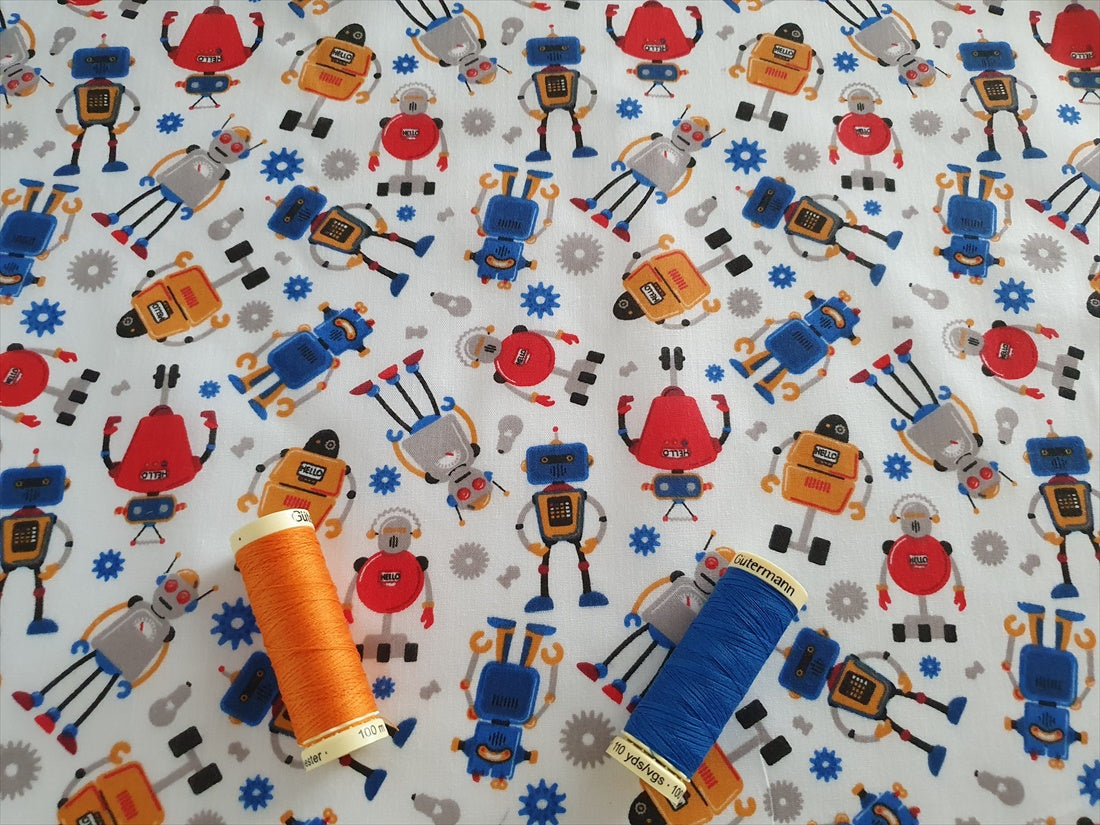 Cute Little Robots on a White Background Poly Cotton