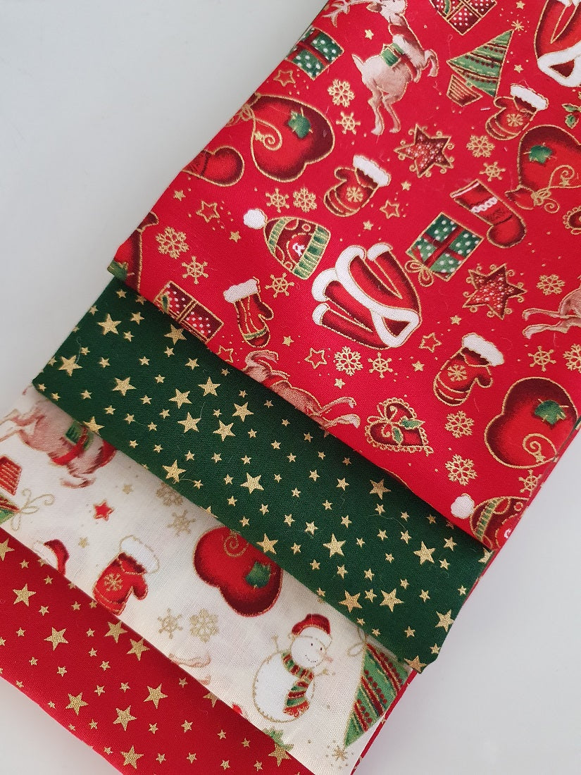 Christmas Presents Reindeer Santa Snowman & Stars Red Ivory & Green Mix Metalic Gold Fat Quarter Bundle