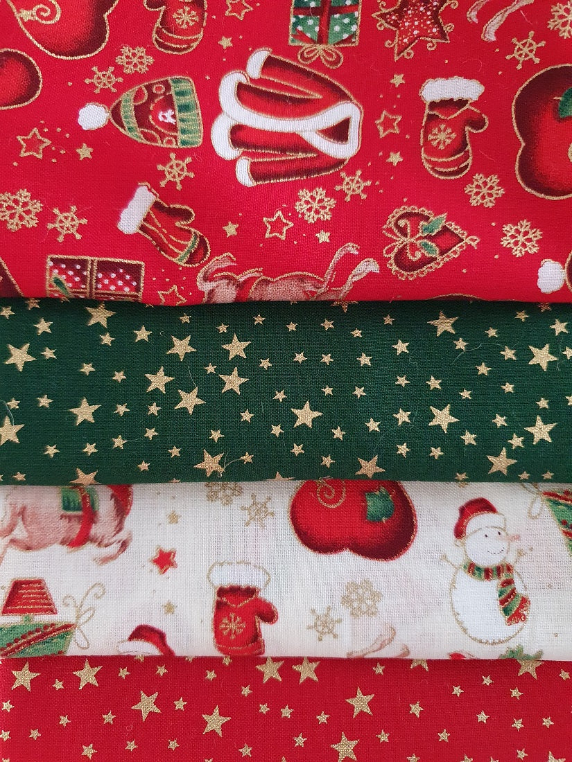 Christmas Presents Reindeer Santa Snowman & Stars Red Ivory & Green Mix Metalic Gold Fat Quarter Bundle