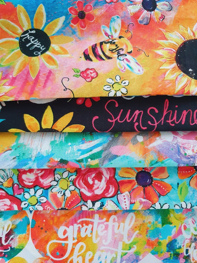 Joy Blooms Bees Hearts & Sunflowers Beautiful Designs By 3 Wishes Digital Print Fat Quarter Bundle 100% Cotton