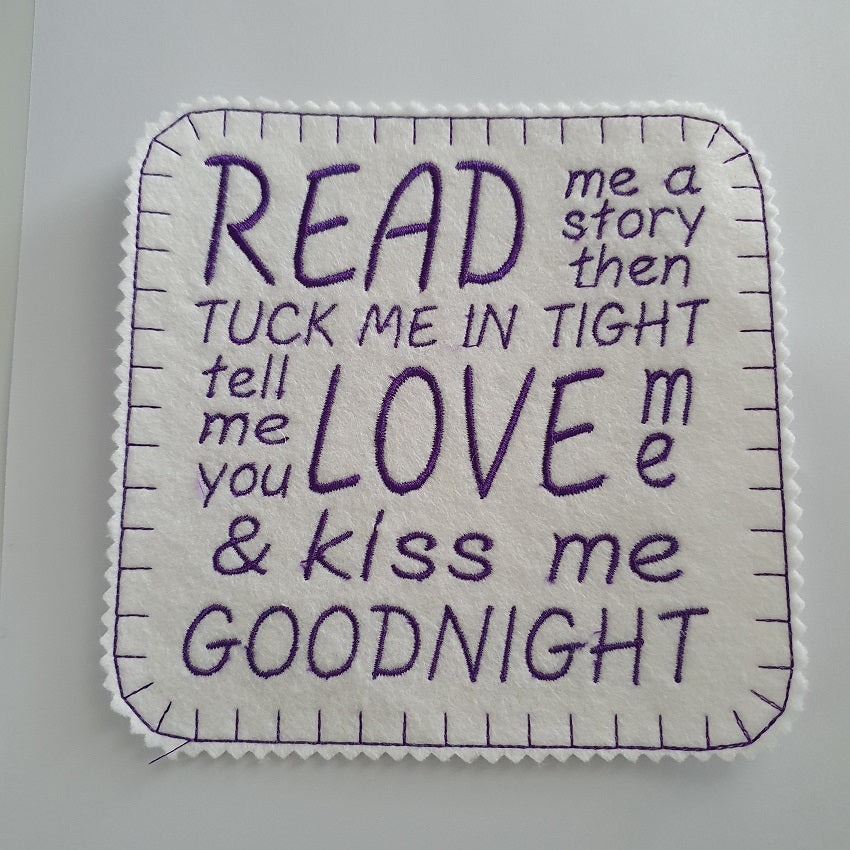 Iron on Read Me A Story Patch 15cm x 15cm (6"x6") Purple on White