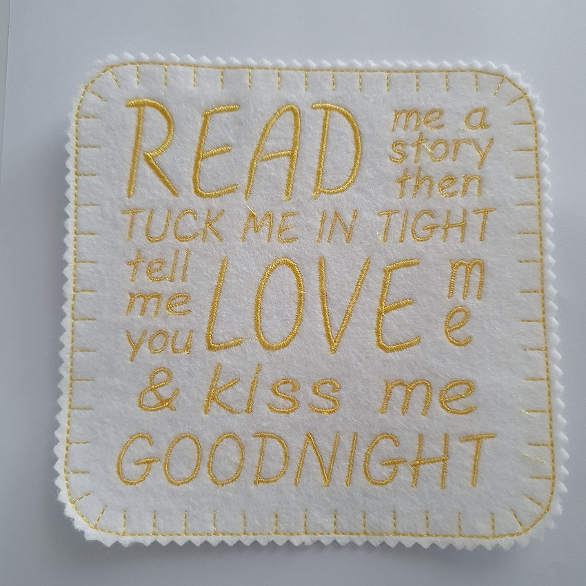 Iron on Read Me A Story Patch 15cm x 15cm (6"x6") Yellow on White