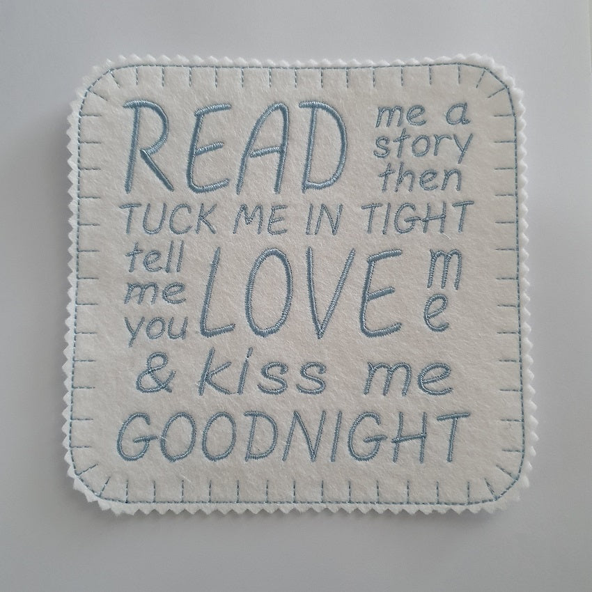 Iron on Read Me A Story Patch 15cm x 15cm (6"x6") Sky Blue on White