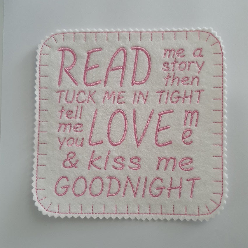 Iron on Read Me A Story Patch 15cm x 15cm (6"x6") Pink on White
