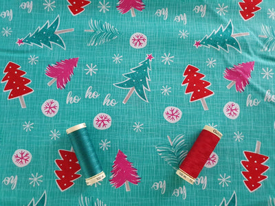 Christmas Colorful Christmas Trees & Snowflakes on a Mint Background 100% Cotton