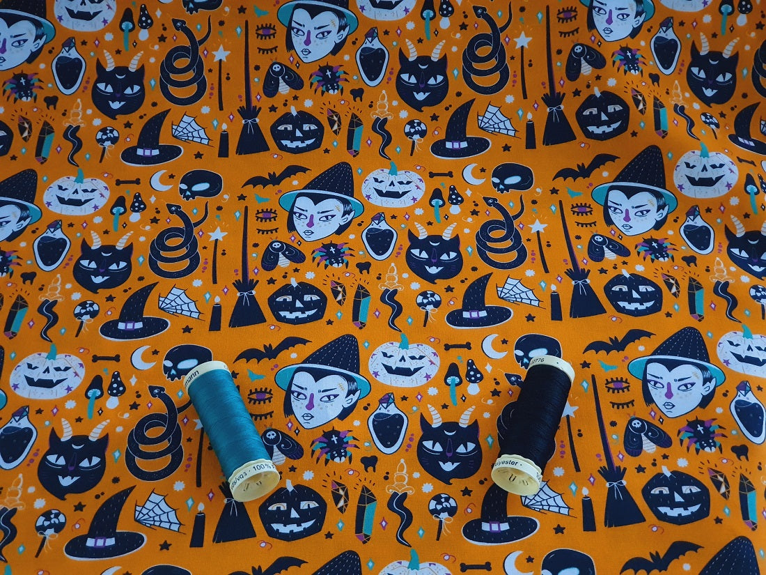 Halloween Cartoon Witchcraft Witches Snake Pumpkins Potions Bugs Bats on a Orange Background Digital Print 100% Cotton