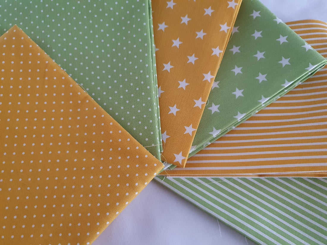 Stars Stripes & Pin Spots Bright Lime & Yellow Mix Fat Quarter Bundle 100% Cotton