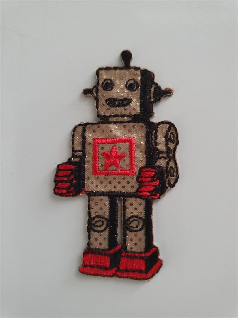 Little Metallic Gold Robot Iron On or Sew on Embroidered Fabric Motif