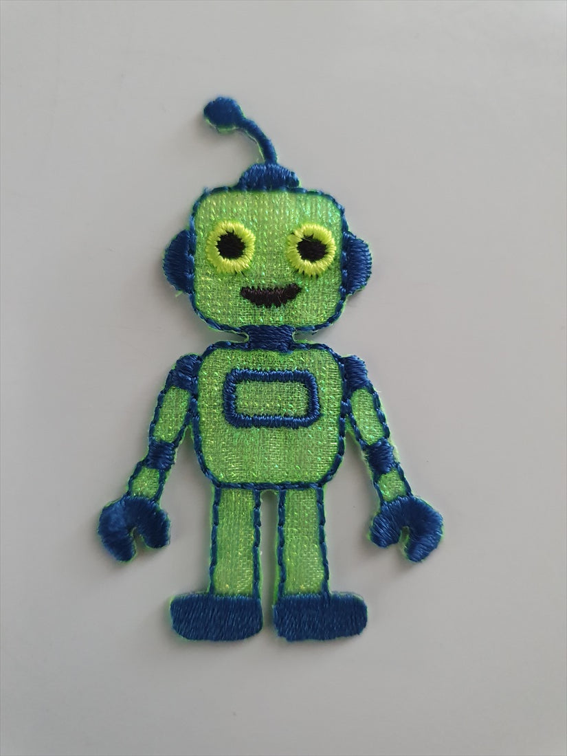 Little Floresent Green Robot Iron On or Sew on Embroidered Fabric Motif
