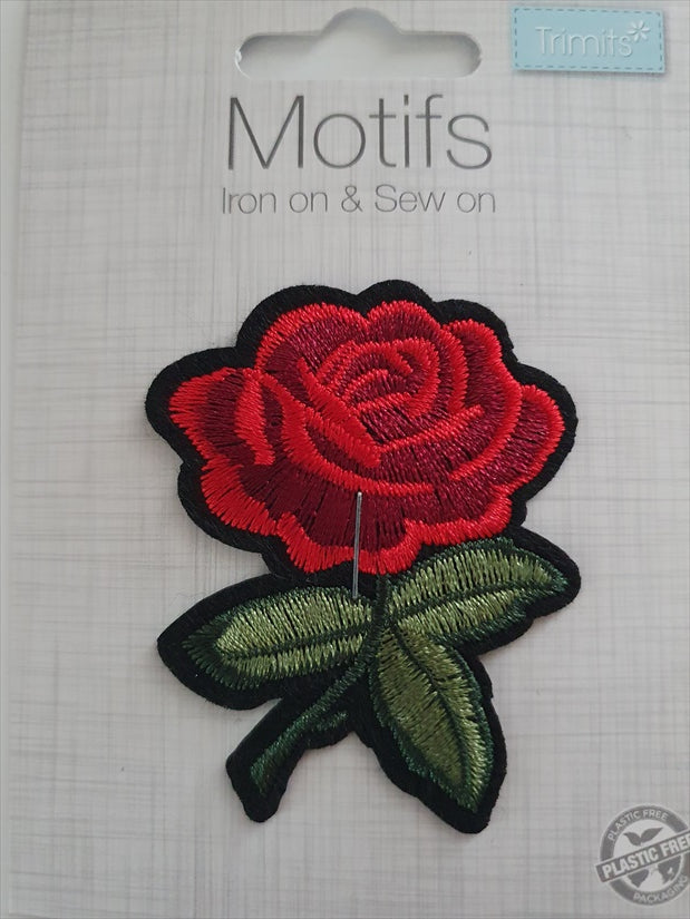 Beautiful Red Rose Iron On or Sew on Embroidered Fabric Motif