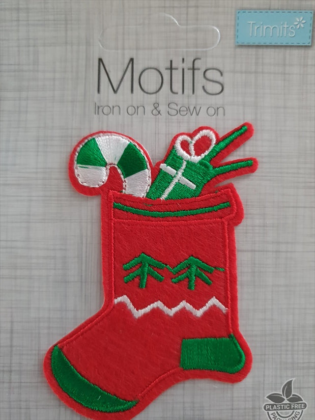 Christmas Stocking Iron On or Sew on Embroidered Fabric Motif
