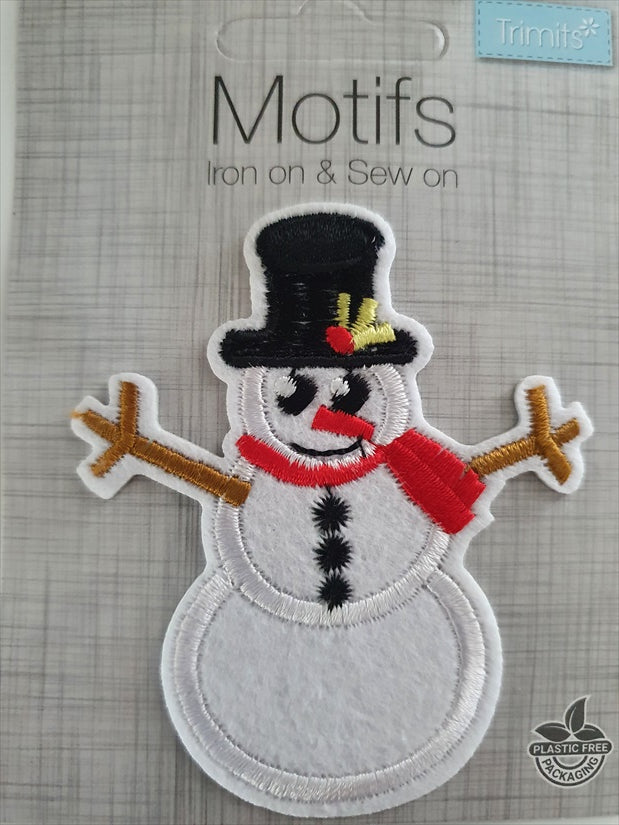 Christmas Snowman Iron On or Sew on Embroidered Fabric Motif