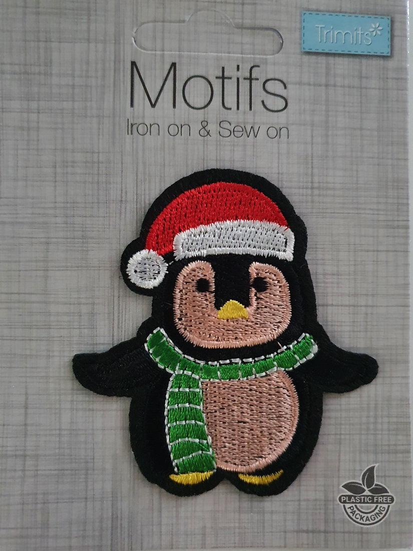 Christmas Penguin Iron On or Sew on Embroidered Fabric Motif