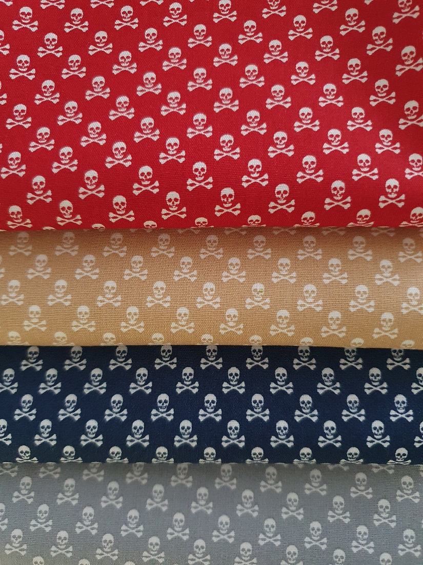 Ditsy Skulls & Crossbones Navy Beige Silver & Red Mix Fat Quarter Bundle 100% Cotton