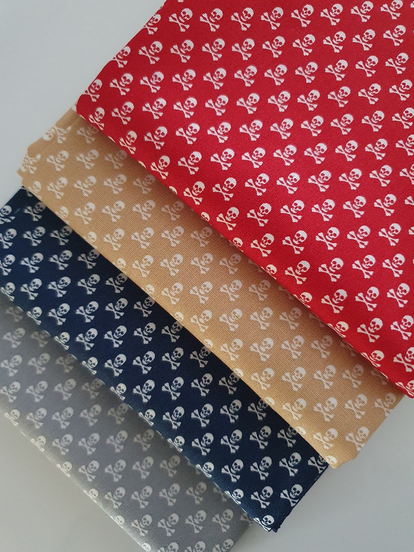 Ditsy Skulls & Crossbones Navy Beige Silver & Red Mix Fat Quarter Bundle 100% Cotton