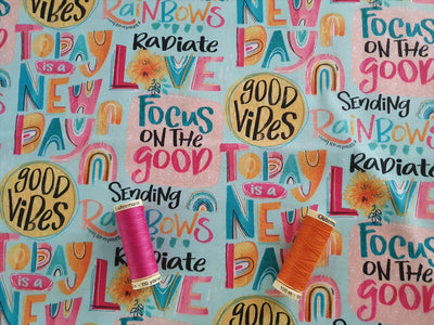 Good Vibes Words on Aqua by Courtney Morgenstern 100% Cotton