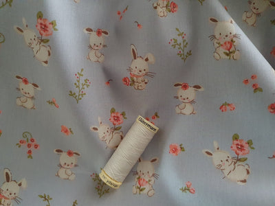 Cute Easter Bunnies on a Silver Grey Background 100% Cotton