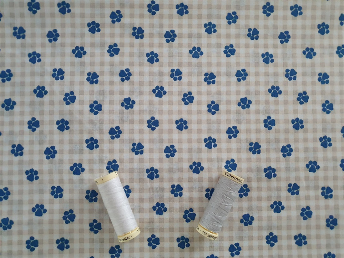 Pets Paws Blue on a Tan Gingham Background  100% Cotton