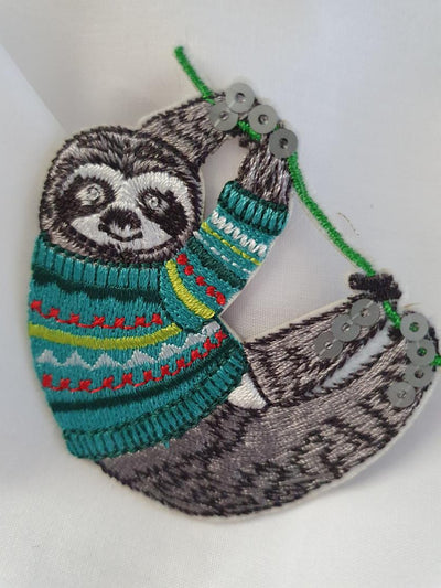 Cute Hanging Sloth Iron On or Sew on Embroidered Fabric Motif