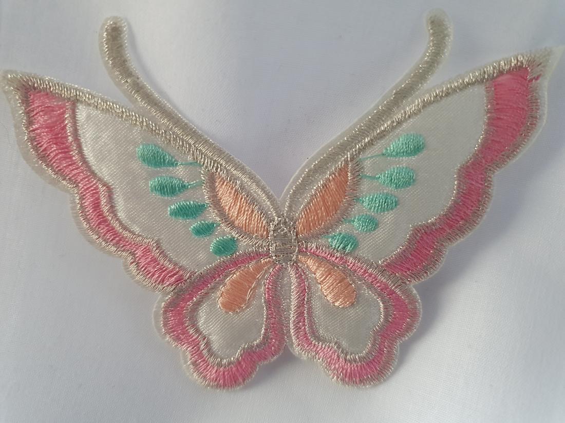 Beautiful Butterfly Pink &amp; Aqua Iron On Embroidered Fabric Motif