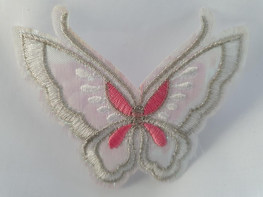 Beautiful Butterfly Pink &amp; Silver Iron On Embroidered Fabric Motif