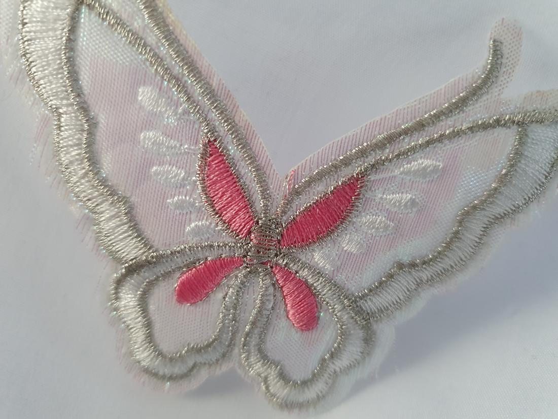 Beautiful Butterfly Pink & Silver Iron On Embroidered Fabric Motif