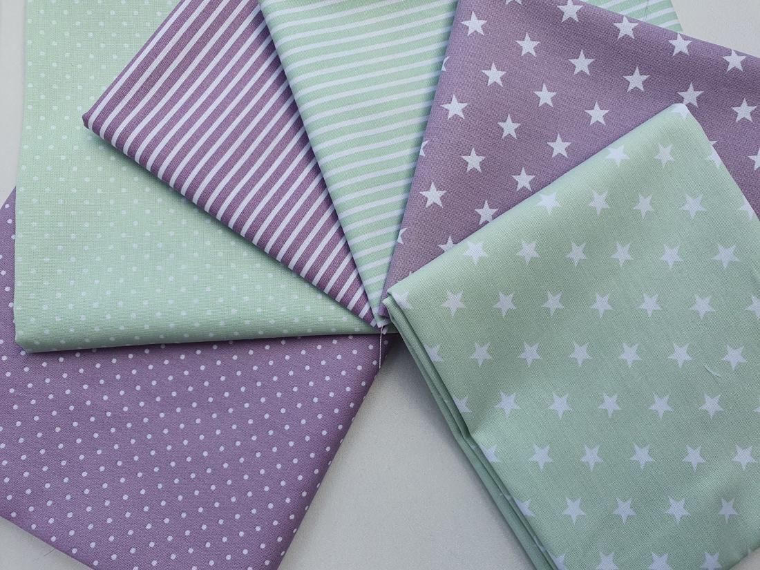 Stars Stripes & Pin Spots Lilac & Mint Mix Fat Quarter Bundle 100% Cotton