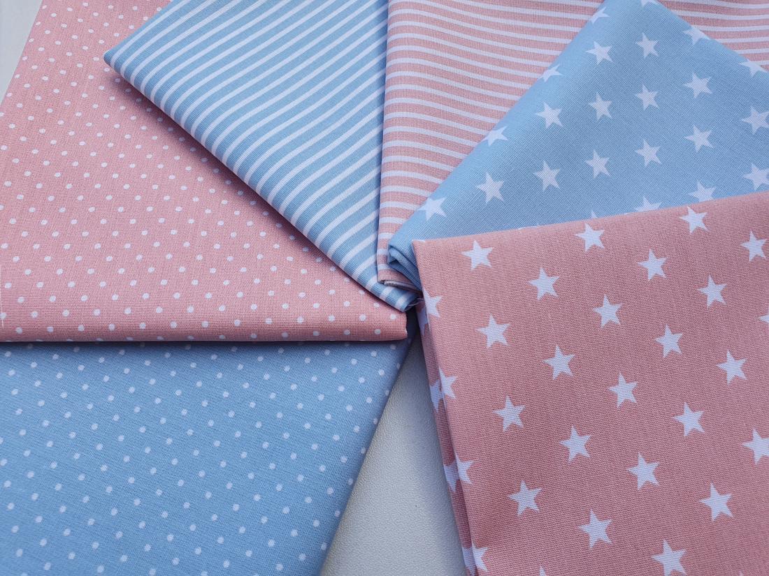 Stars & Pin Spots Pastel Pink & Blue Mix Fat Quarter Bundle 100% Cotton