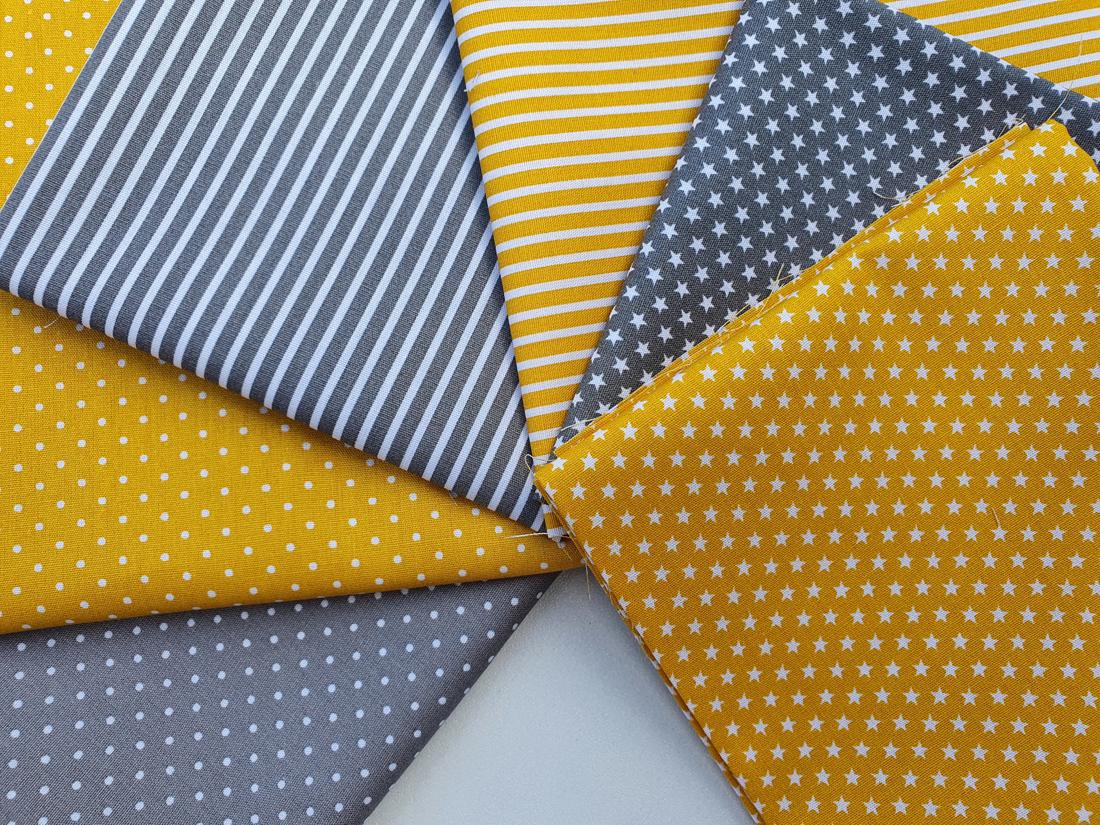 Stars Stripes &amp; Pin Spots Mid Grey &amp; Yellow Mix Fat Quarter Bundle 100% Cotton