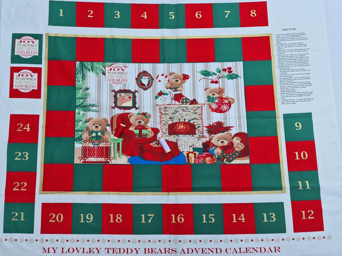 My Lovely Teddy Bears Christmas Advent Calendar Panel 100% Cotton