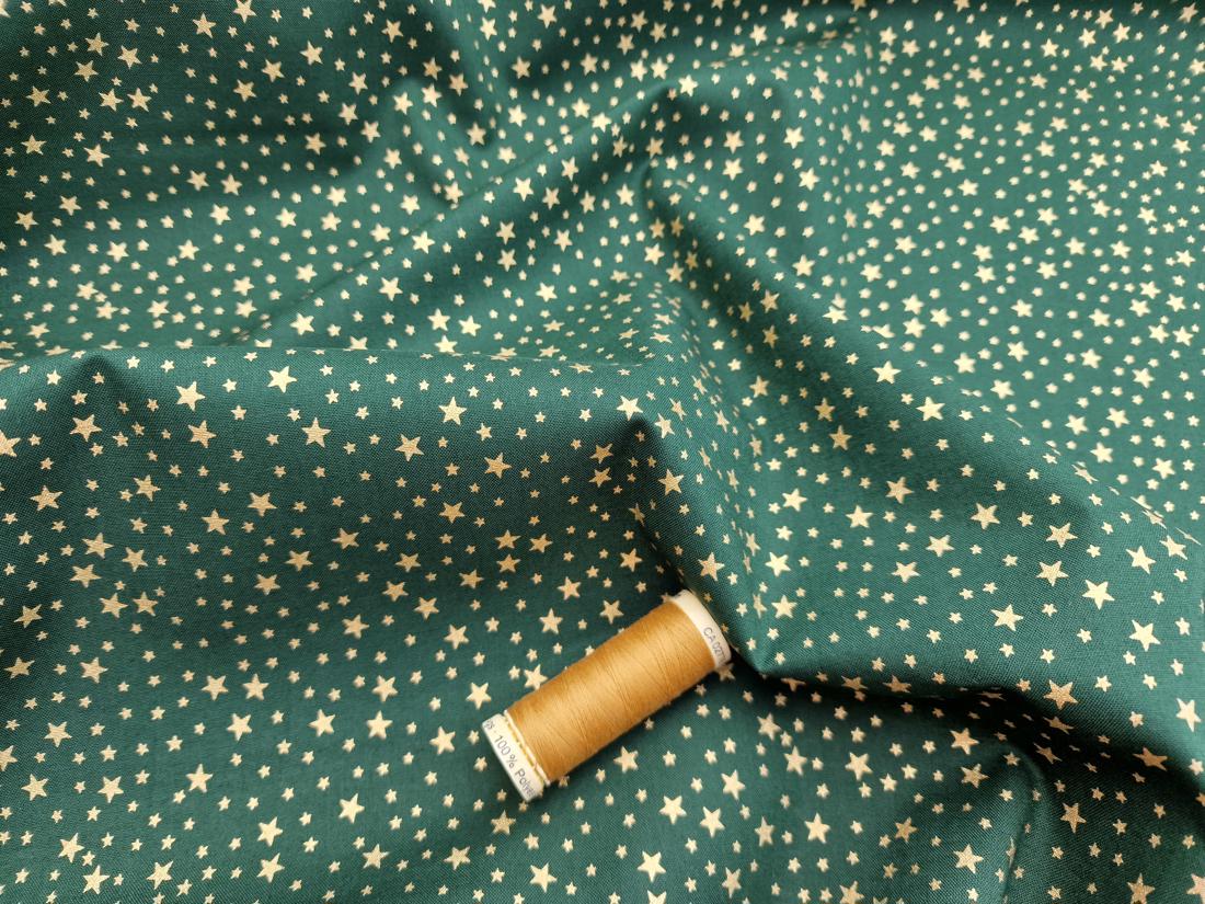 Christmas Little Stars Metalic Gold on a Bottle Green Background 100% Cotton