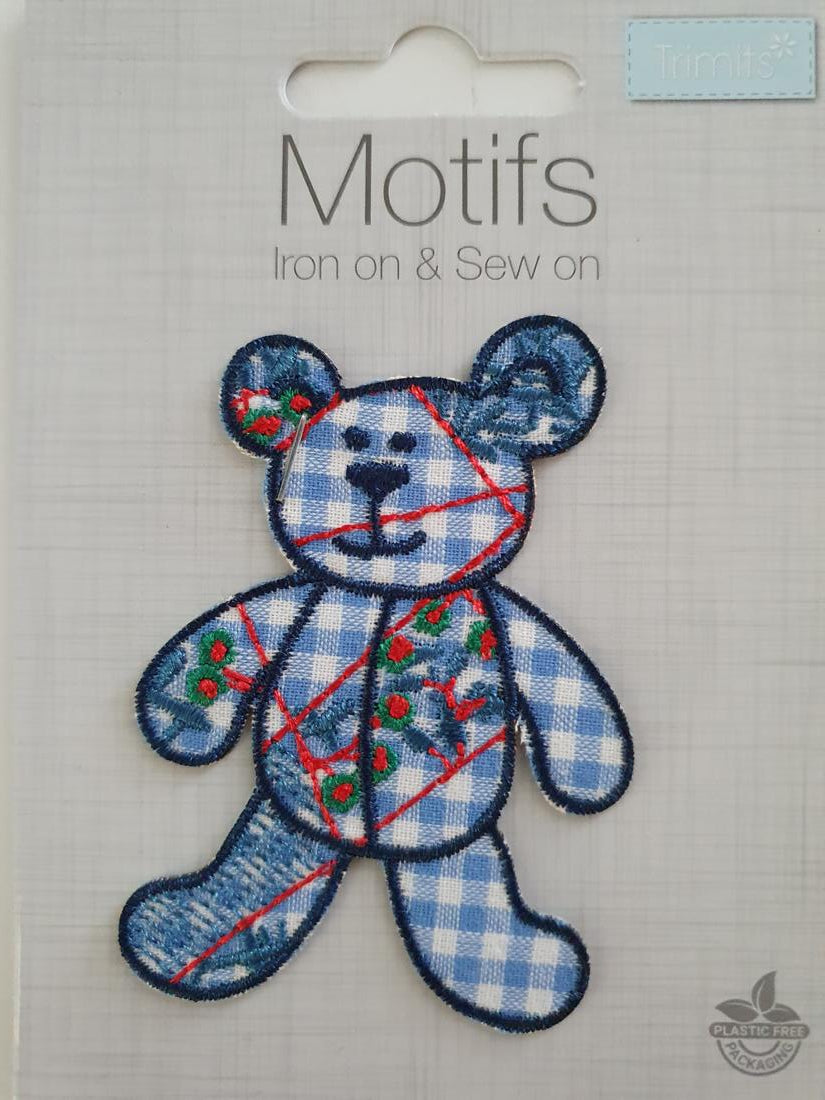 Patchwork Teddy Bear Iron On or Sew on Embroidered Fabric Motif
