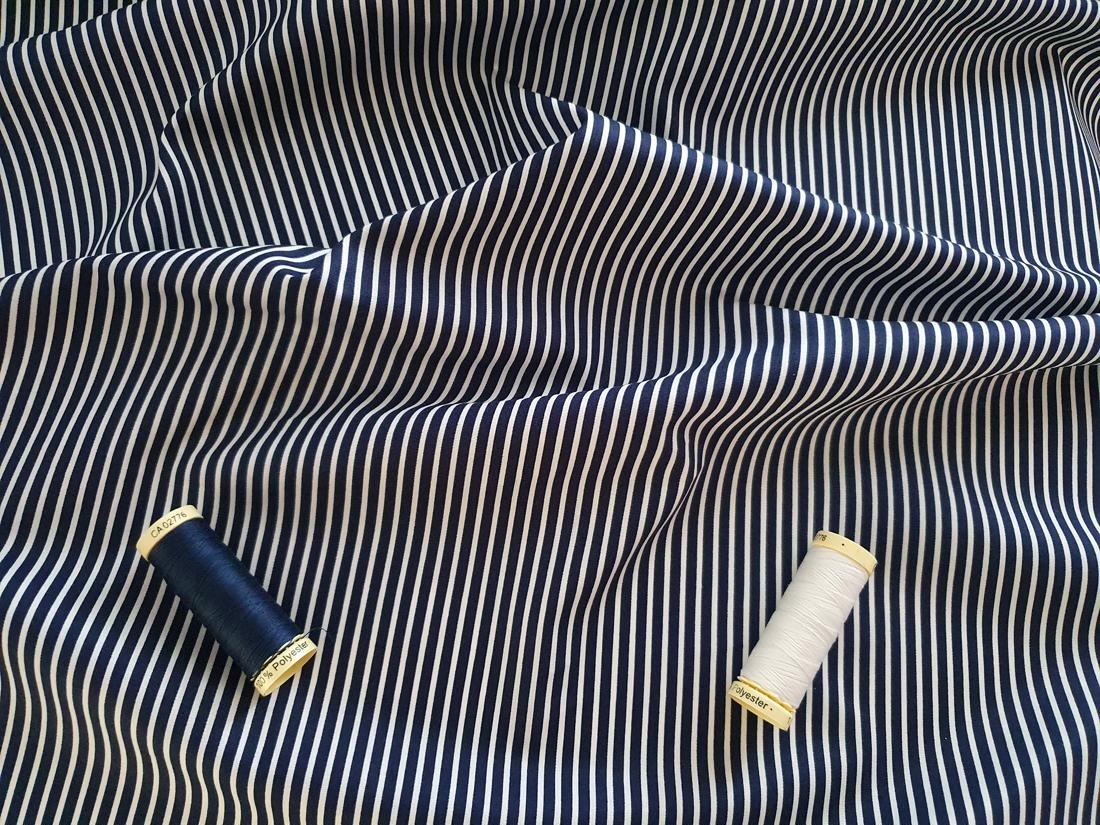 Candy Stripe 2mm White on a Navy Background 100% Cotton