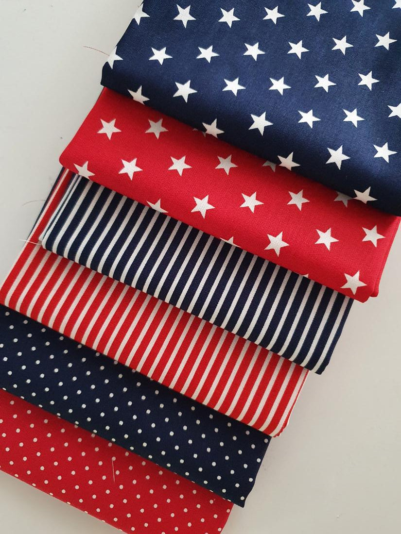 Stars Stripes & Pin Spots Navy & Red Mix Fat Quarter Bundle 100% Cotton