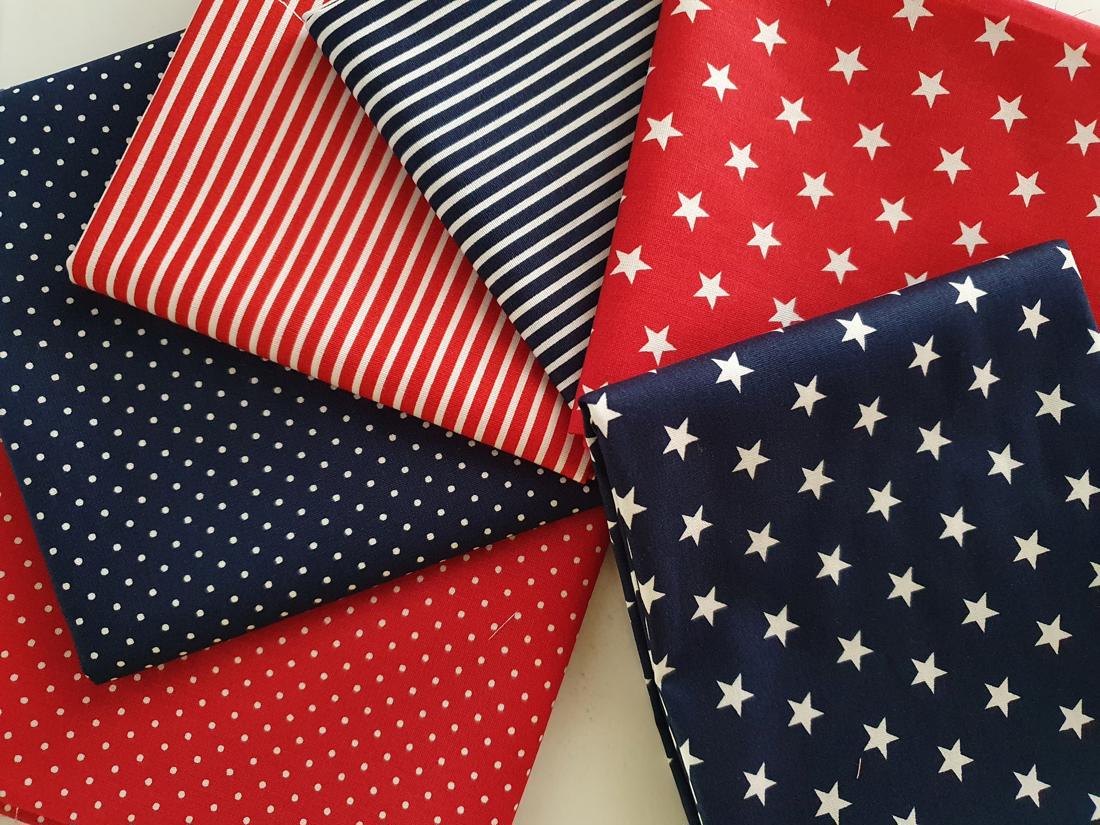 Stars Stripes &amp; Pin Spots Navy &amp; Red Mix Fat Quarter Bundle 100% Cotton