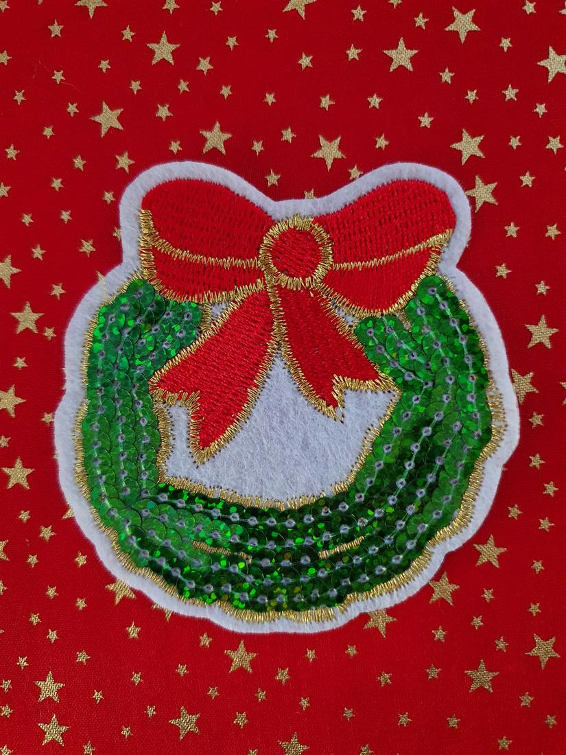Christmas Wreath Iron On or Sew on Embroidered Fabric Motif