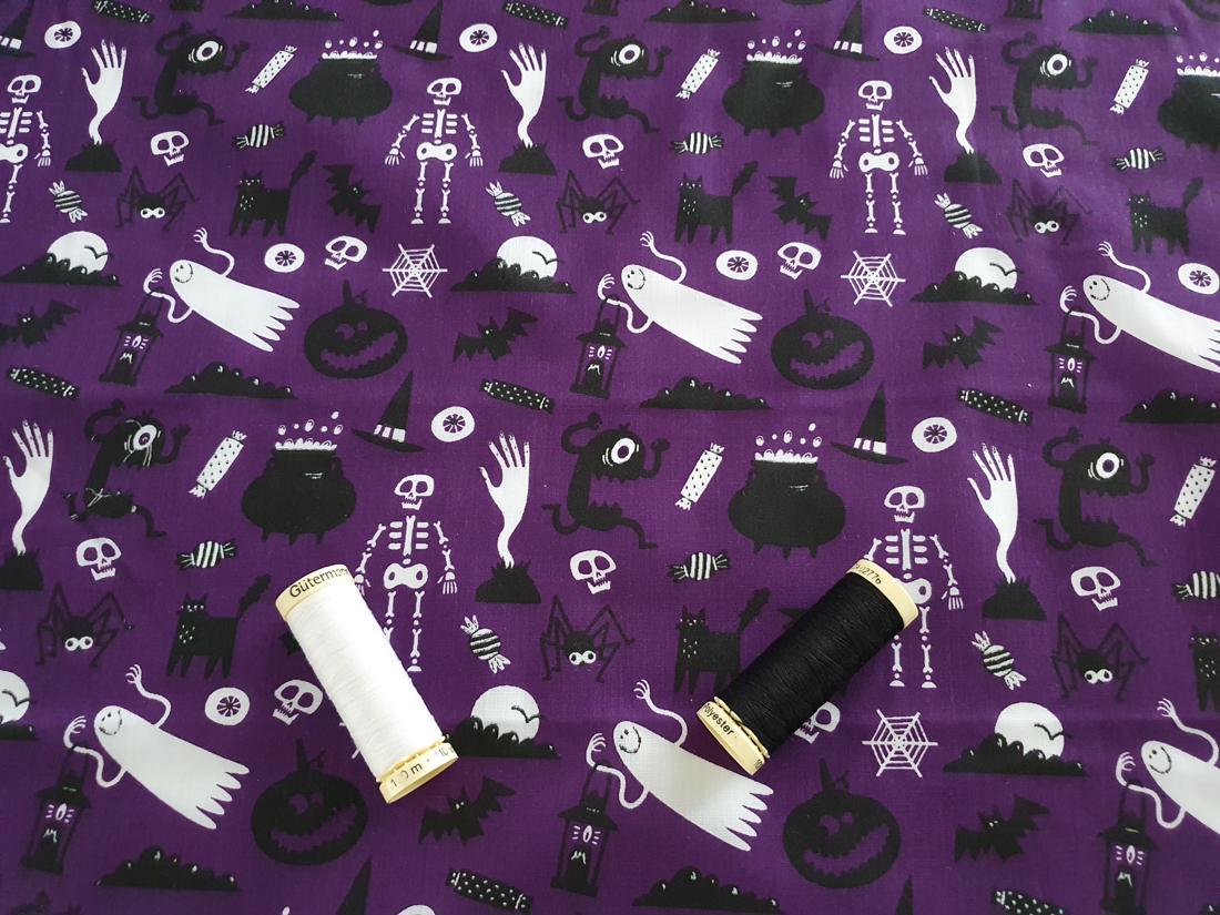 Halloween Scary Assortment Black & White on a Purple Background Poly Cotton