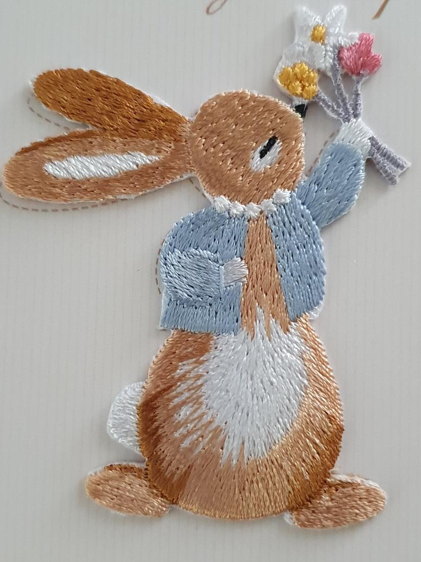Cute Little Bunny Rabbit With Bouquet of Flowers Iron On or Sew on Embroidered Fabric Motif